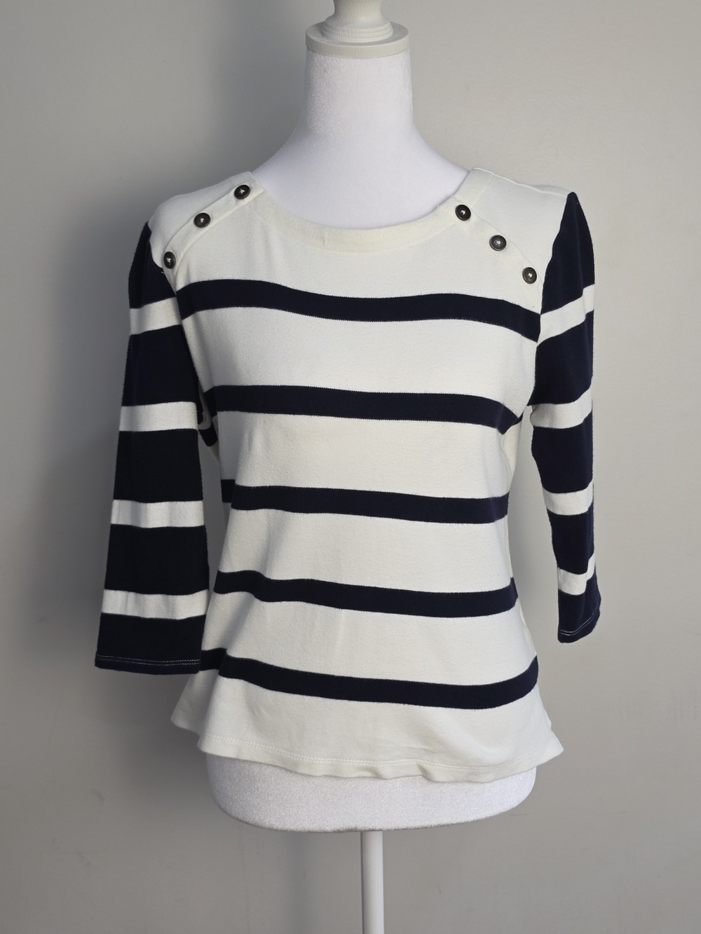 Talbots Navy & Ivory Striped Button-Shoulder Long Sleeve Top